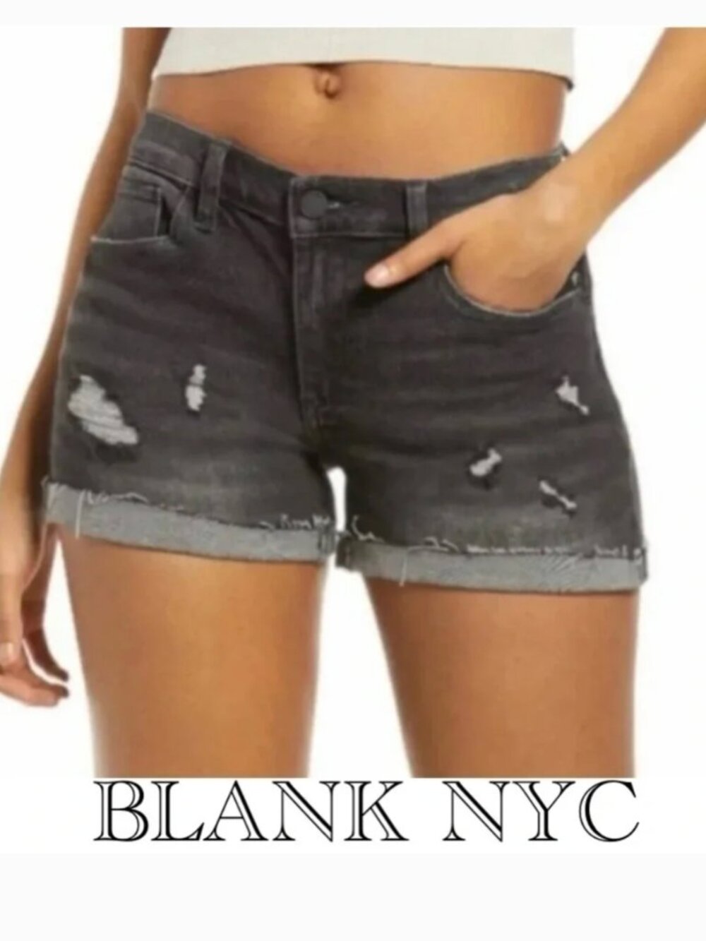 BLANK NYC The Fulton Roll Up‎ Black Distressed Jean Shorts Size 32 NEW